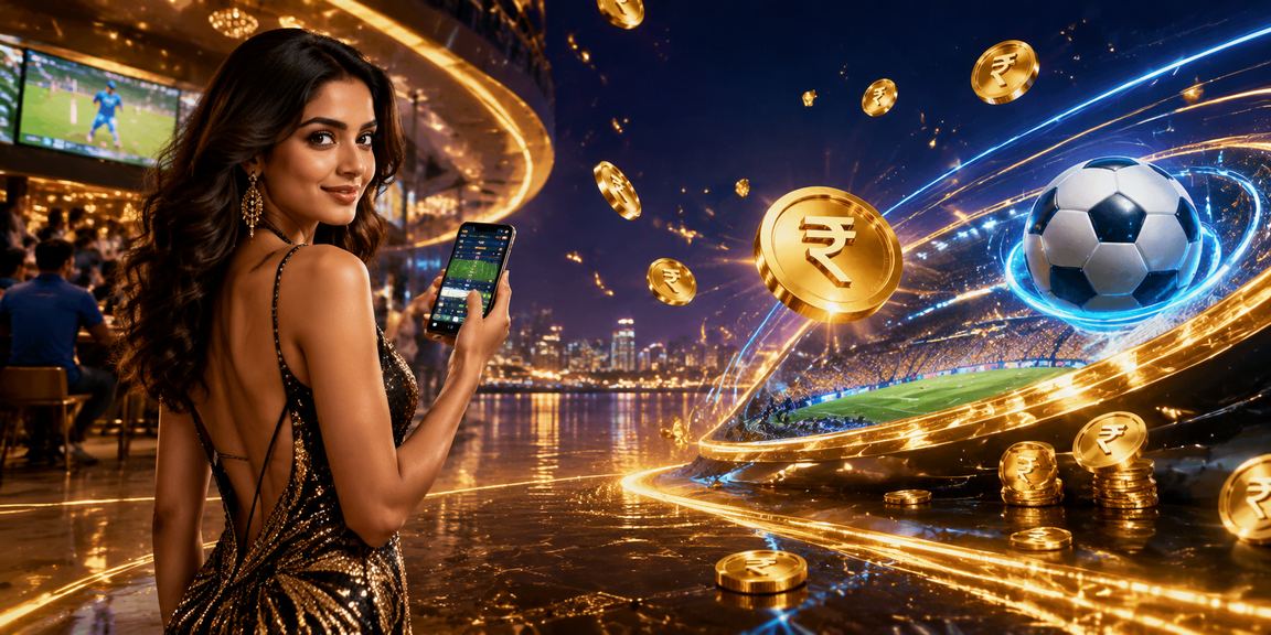 Fans betting on cricket in India with illuminated rupee sign backdrop