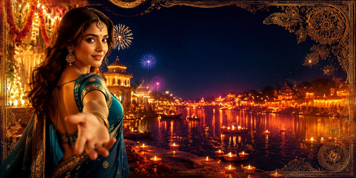 Indian entertainment casino neon scene with a young woman in saree
