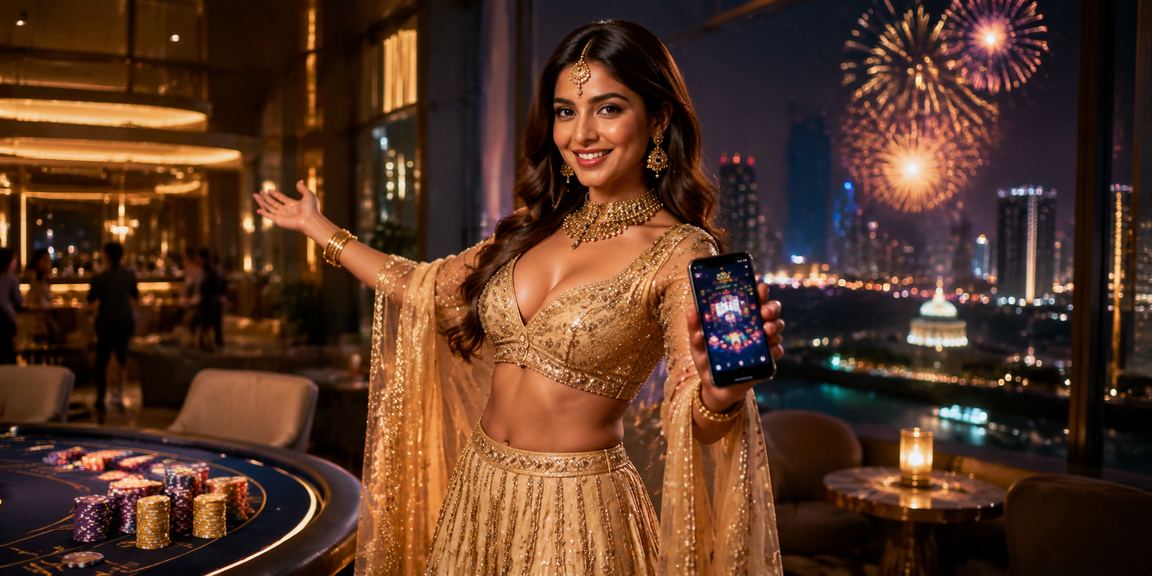 Indian player enjoying online slots gaming on mobile device in vibrant lehenga outfit